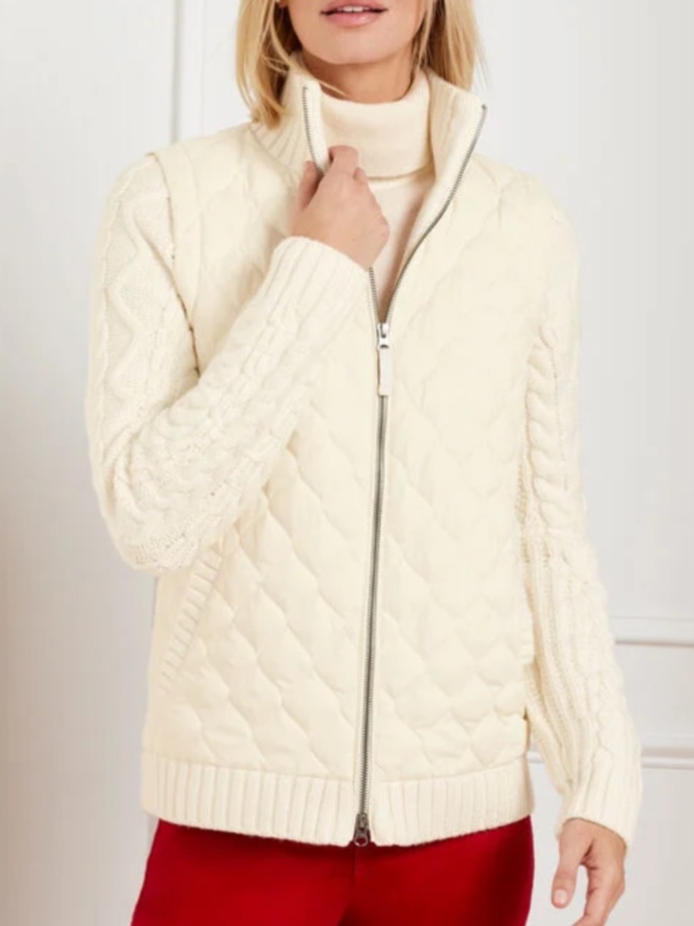 Talbots Women Plus Sz 2X Cream Full Zip Down Quilted Puffer Sweater Jacket NWOT